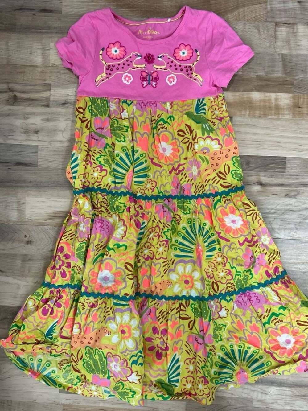 Mini Boden Girls Embroidered Cheetah Pink and Floral Tiered Maxi Dress